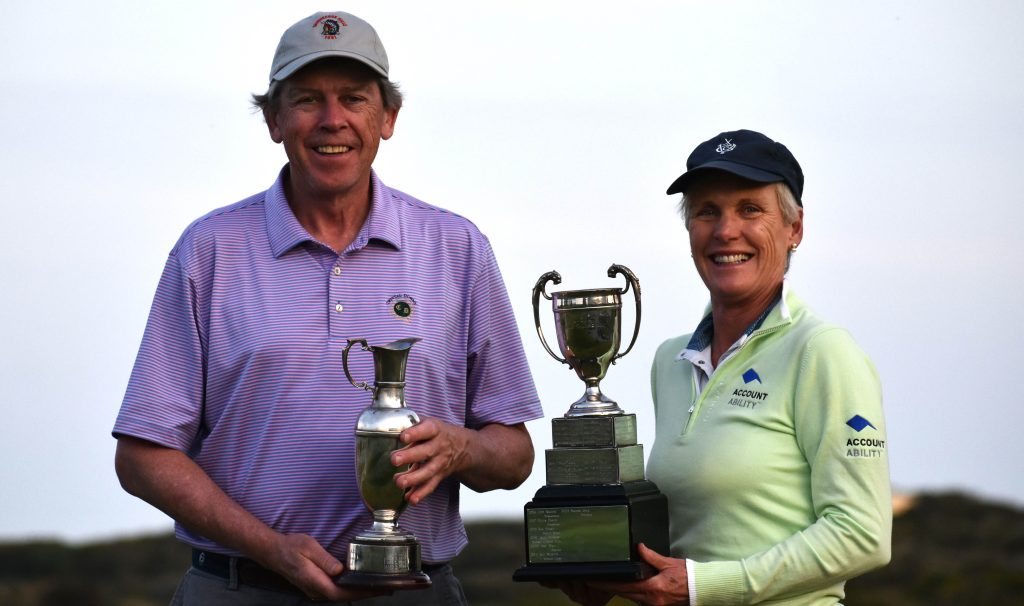 Nadine Gole and Ian Brtadley winners of the Victorian Senior Amateur at 13th Beach Golf Links on the Bellarine Peninsula